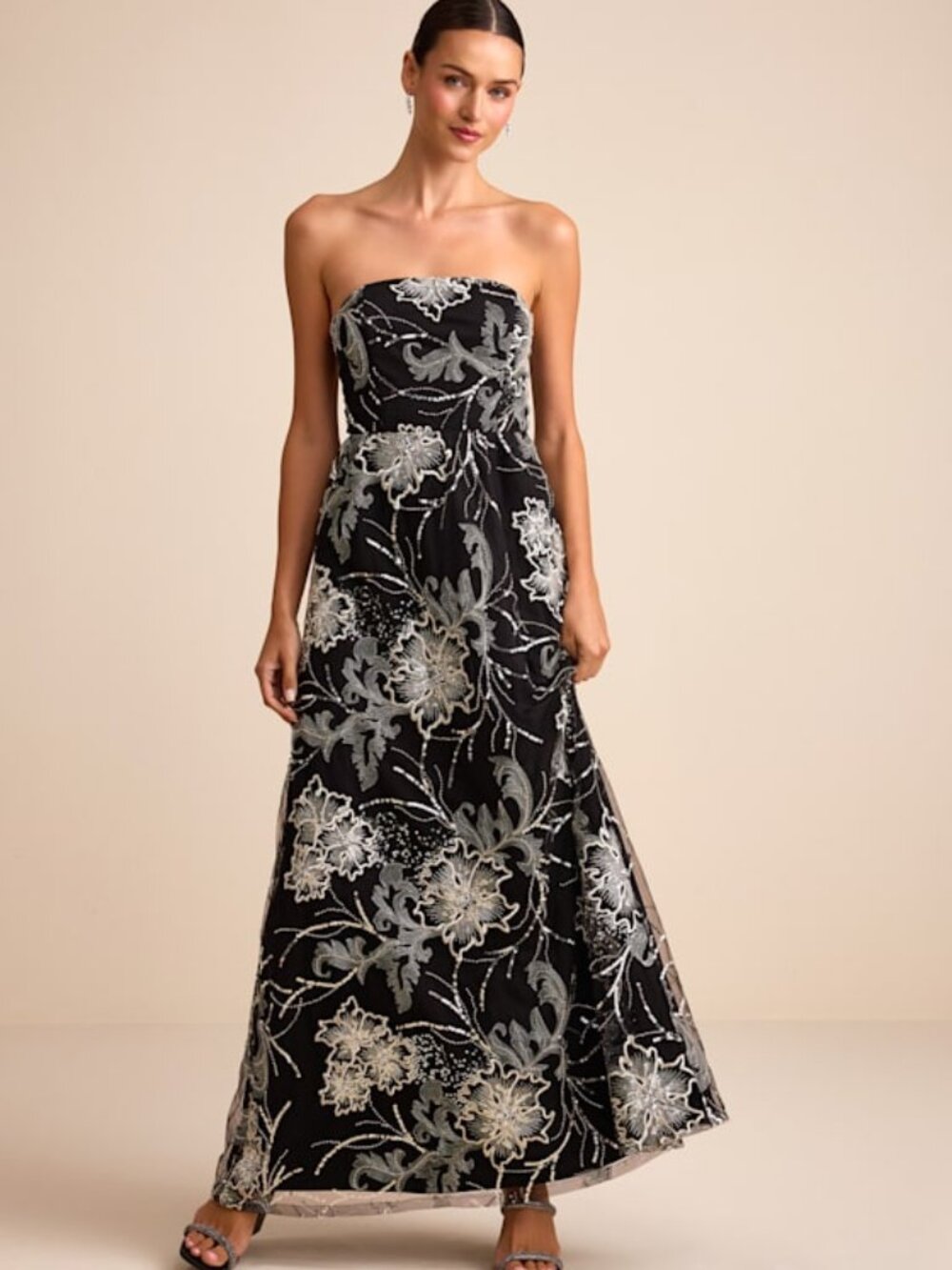 Lulus Tisdale Black And Silver Embroidered Strapless Maxi Dress - Size M